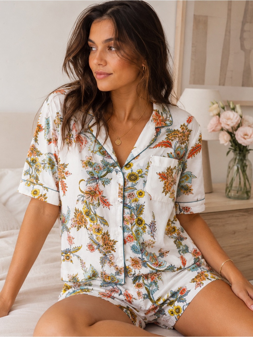 Roberta Roller Rabbit Cotton Short‎ Sleeve Button Down Floral Pajama Top